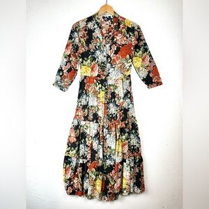 MNG Casual Floral Button Down Tiered Midi Maxi Dress Cottagecore